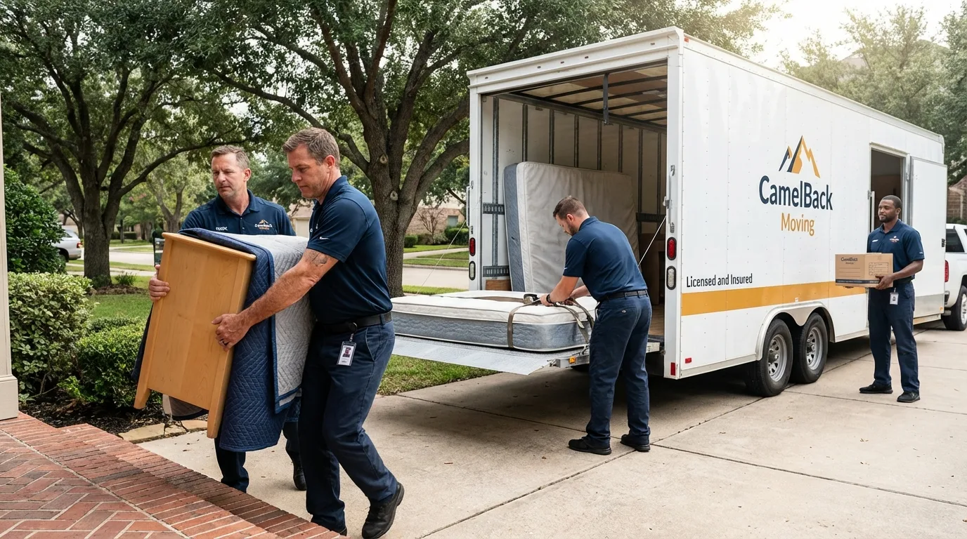 Crew loading residential truck for cross-state move from Granger, TX