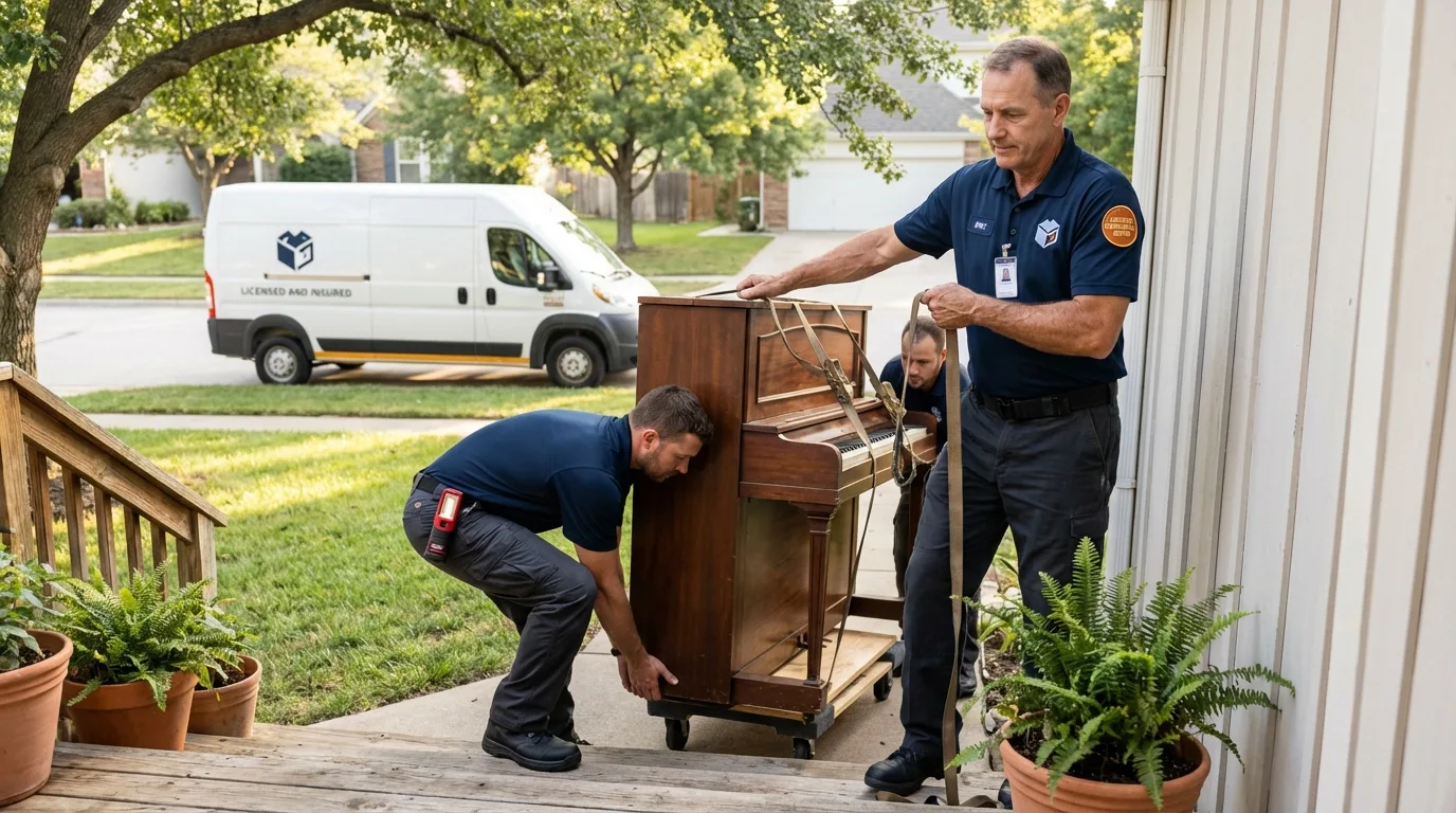 Licensed piano movers securing grand piano in Granger, TX