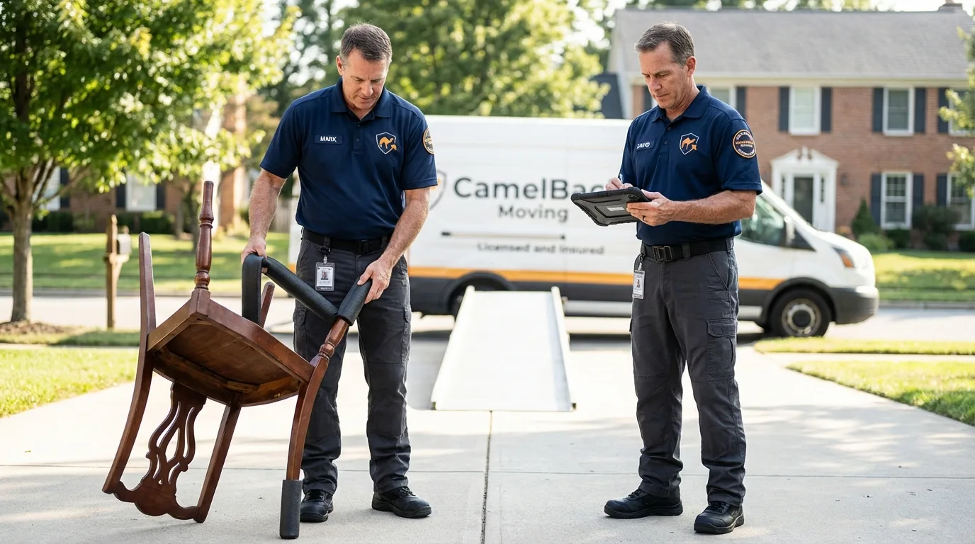 Movers inspecting furniture for damage prevention before loading in Granger, TX