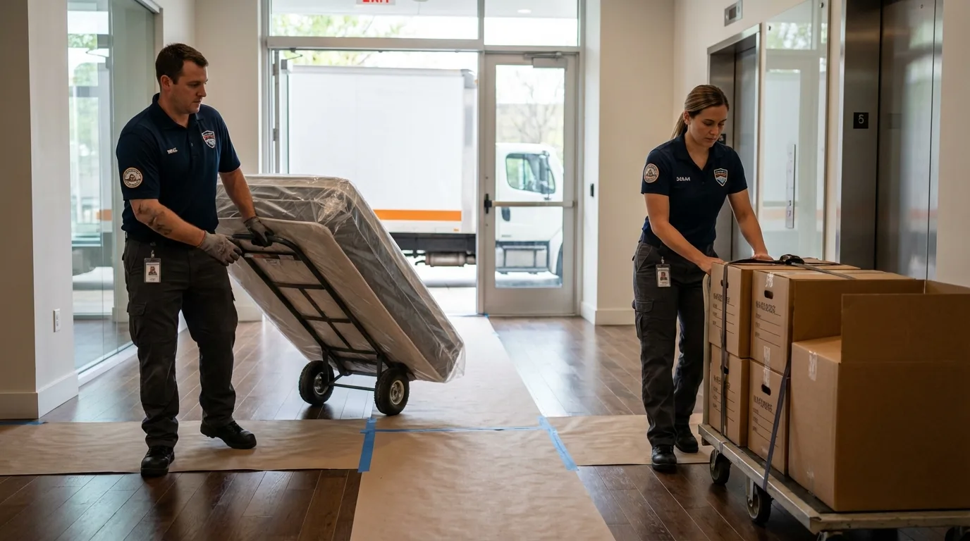 Professional apartment movers loading elevator in Granger, TX