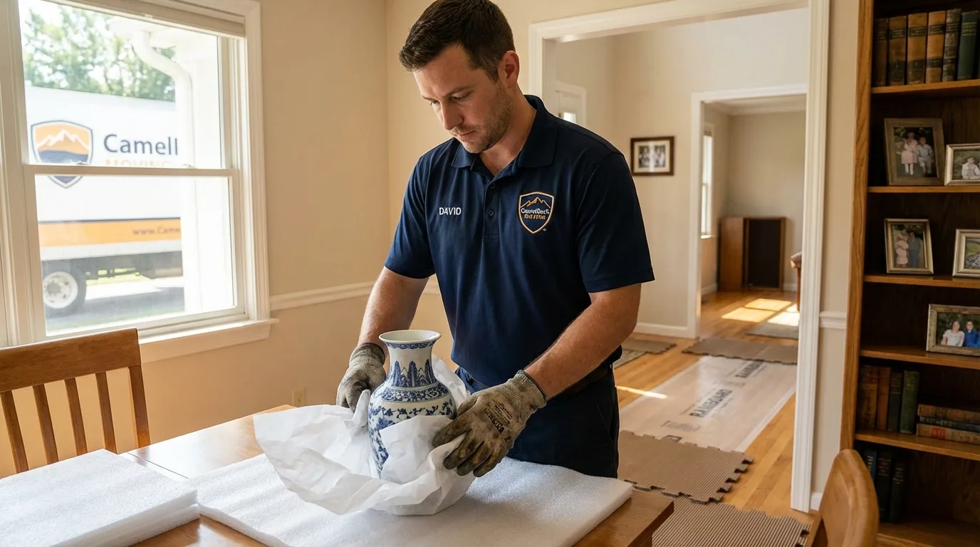 Professional crew carefully wrapping antique vase for senior downsizing move in Granger, TX