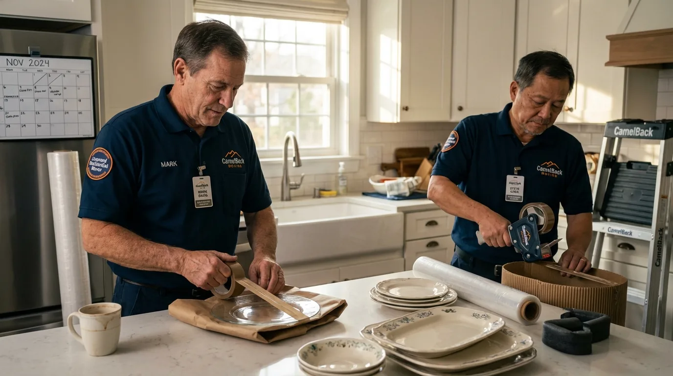 Professional crew packing kitchen dishware in Granger, TX